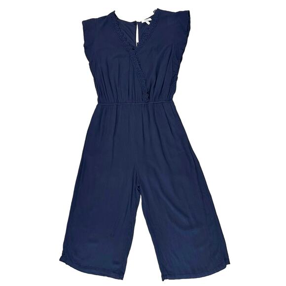 Maurices Navy Romper WMNS S Lace Trim Flutter Sleeve Stretchy V-Neck Keyhole - Picture 1 of 10